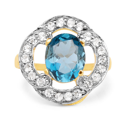 14K Yellow Gold Plated 5.13 Carat Genuine London Blue Topaz & White Topaz .925 Sterling Silver Ring