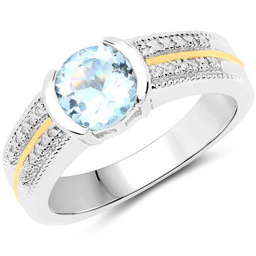 1.37 Carat Genuine Aquamarine and White Diamond 14K Yellow Gold with .925 Sterling Silver Ring