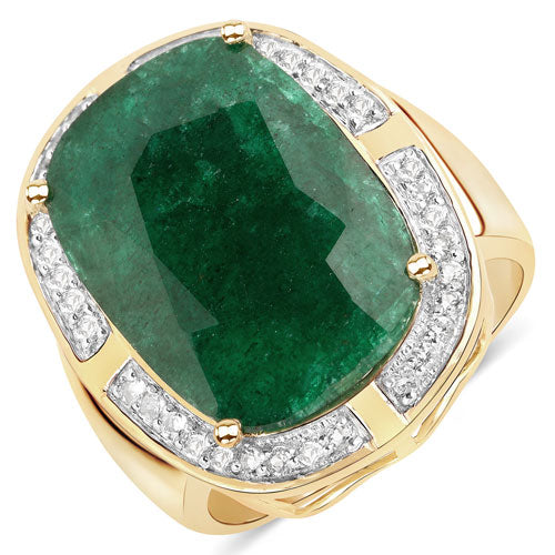 14K Yellow Gold Plated 10.51 Carat Dyed Emerald and White Topaz .925 Sterling Silver Ring