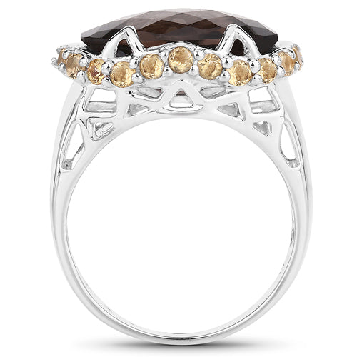 Two Tone Plated 9.58 Carat Genuine Smoky Quartz & Citrine .925 Sterling Silver Ring