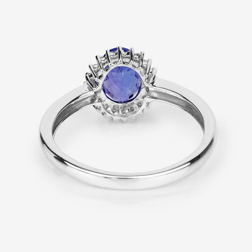 0.86 Carat Genuine Tanzanite and White Diamond 14K White Gold Ring