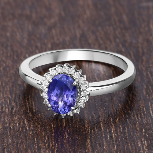 0.86 Carat Genuine Tanzanite and White Diamond 14K White Gold Ring