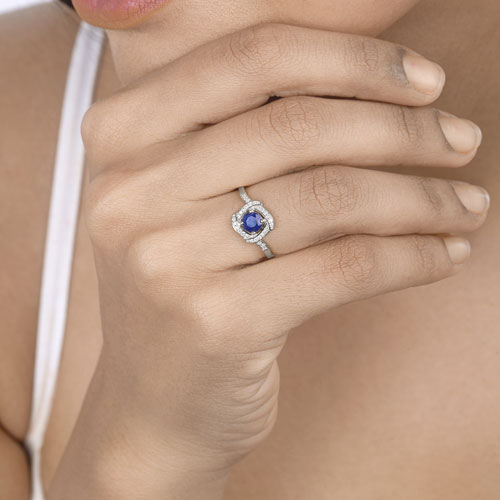 0.73 Carat Genuine Blue Sapphire and White Diamond 14K White Gold Ring