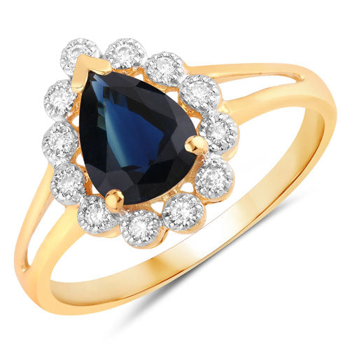1.46 Carat Genuine Blue Sapphire and White Diamond 14K Yellow Gold Ring