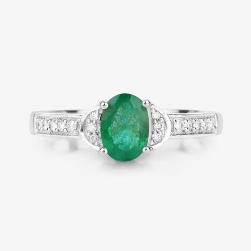 0.82 Carat Genuine Zambian Emerald and White Diamond 10K White Gold Ring
