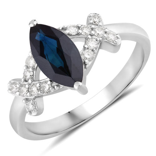 1.50 Carat Genuine Blue Sapphire and White Diamond 14K White Gold Ring