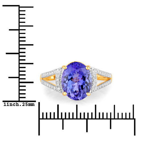 3.49 Carat Genuine Tanzanite and White Diamond 14K Yellow Gold Ring