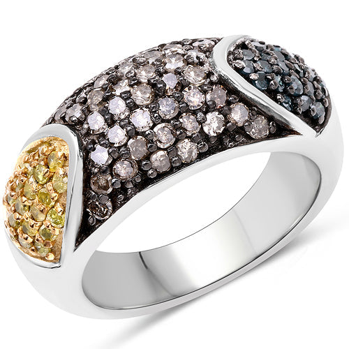 0.95 Carat Genuine Blue Diamond, Champagne Diamond & Yellow Diamond .925 Sterling Silver Ring