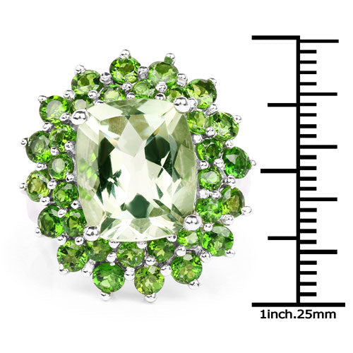 9.89 Carat Genuine Green Amethyst and Chrome Diopside .925 Sterling Silver Ring