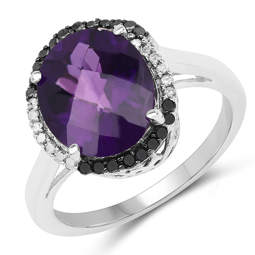 4.52 Carat Genuine Amethyst, Black Diamond & White Diamond .925 Sterling Silver Ring
