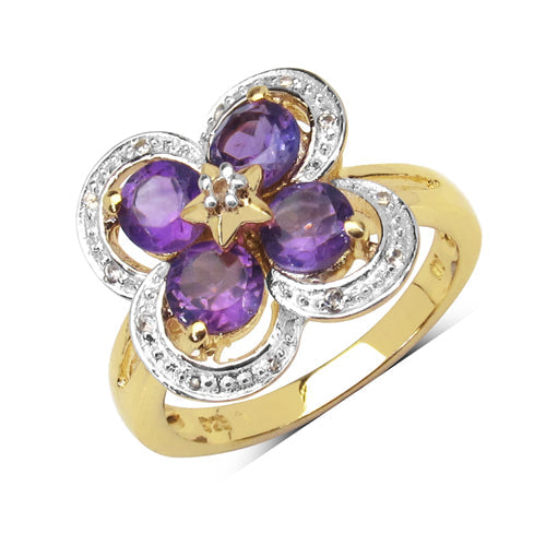 1.40 Carat Genuine Amethyst and White Topaz .925 Sterling Silver Ring